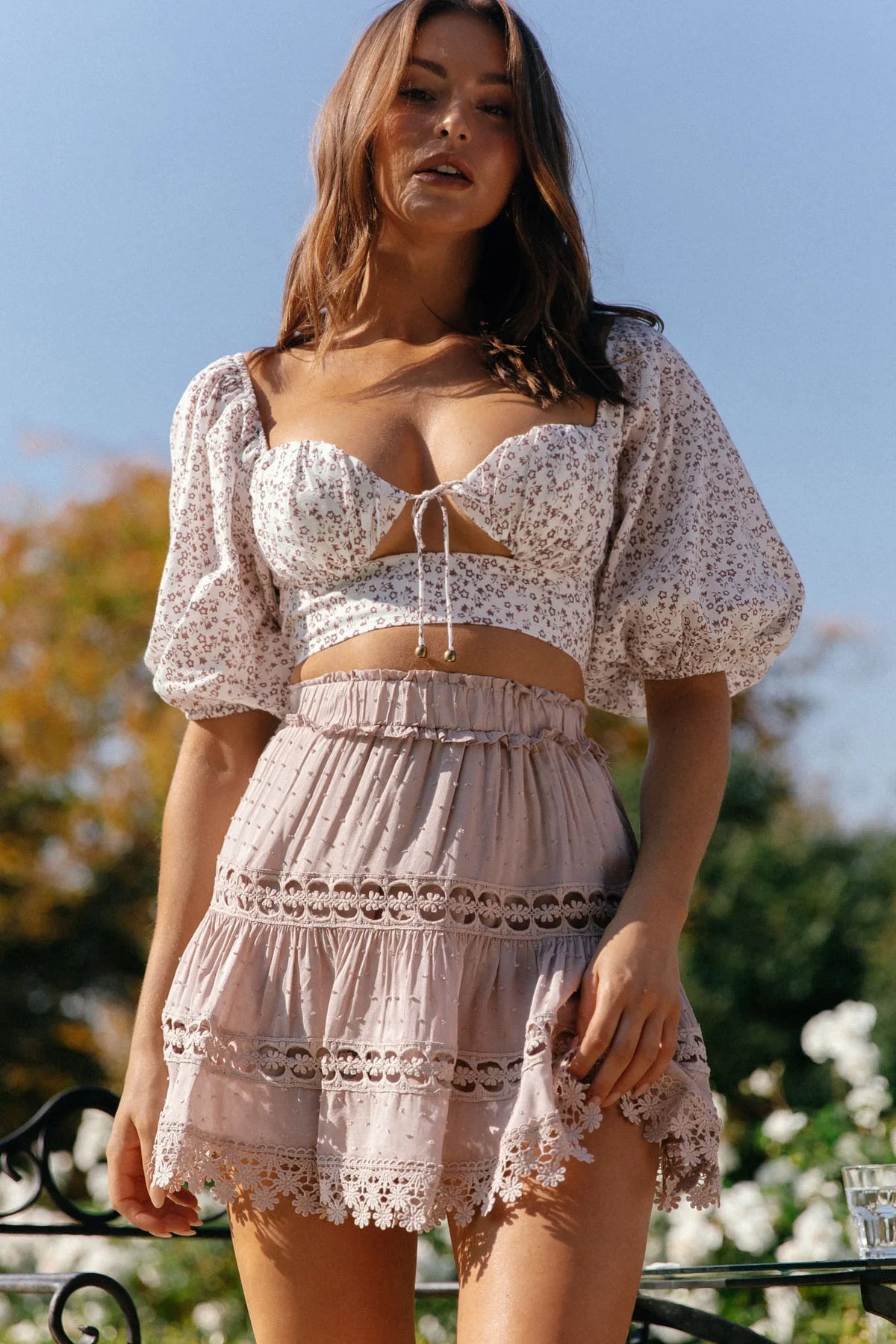 Blanche Floral Lace Trim Skirt Blush