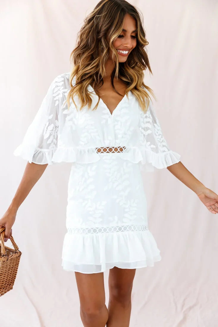 Caspar Leafy Embroidered Dress White Tall