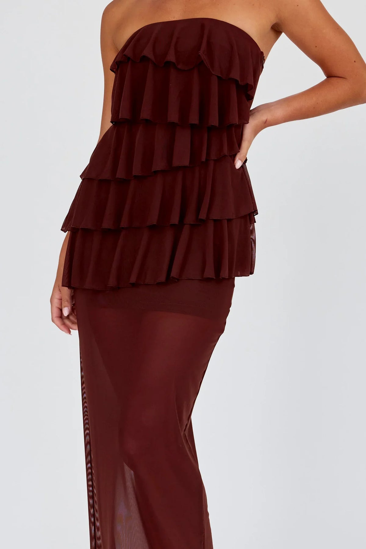 Crewe Strapless Ruffle Maxi Dress Chocolate