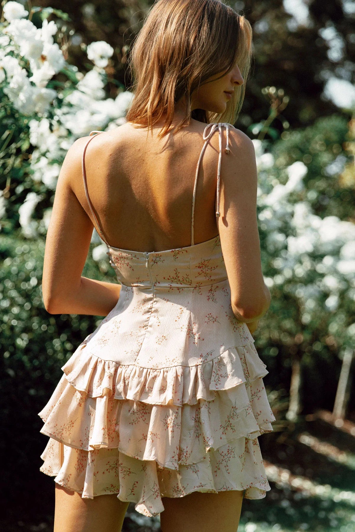 Flower Child Bust Tie Ruffle Trim Dress Floral Spring Print Champagne