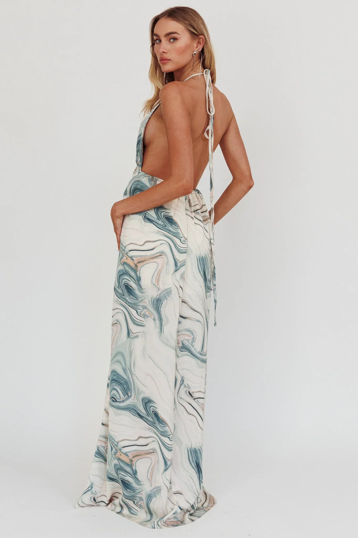 Snooze Marble Print Backless Maxi Dress Teal