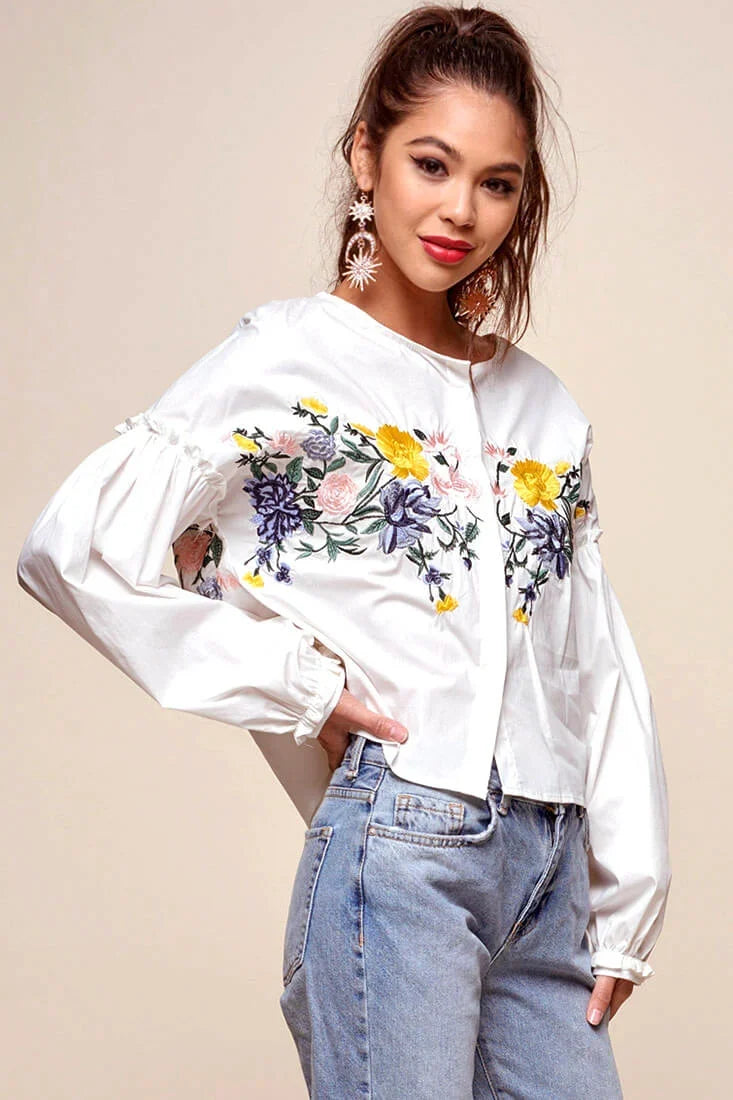 Olivia Floral Embroidered Cinched Wrist Shirt White