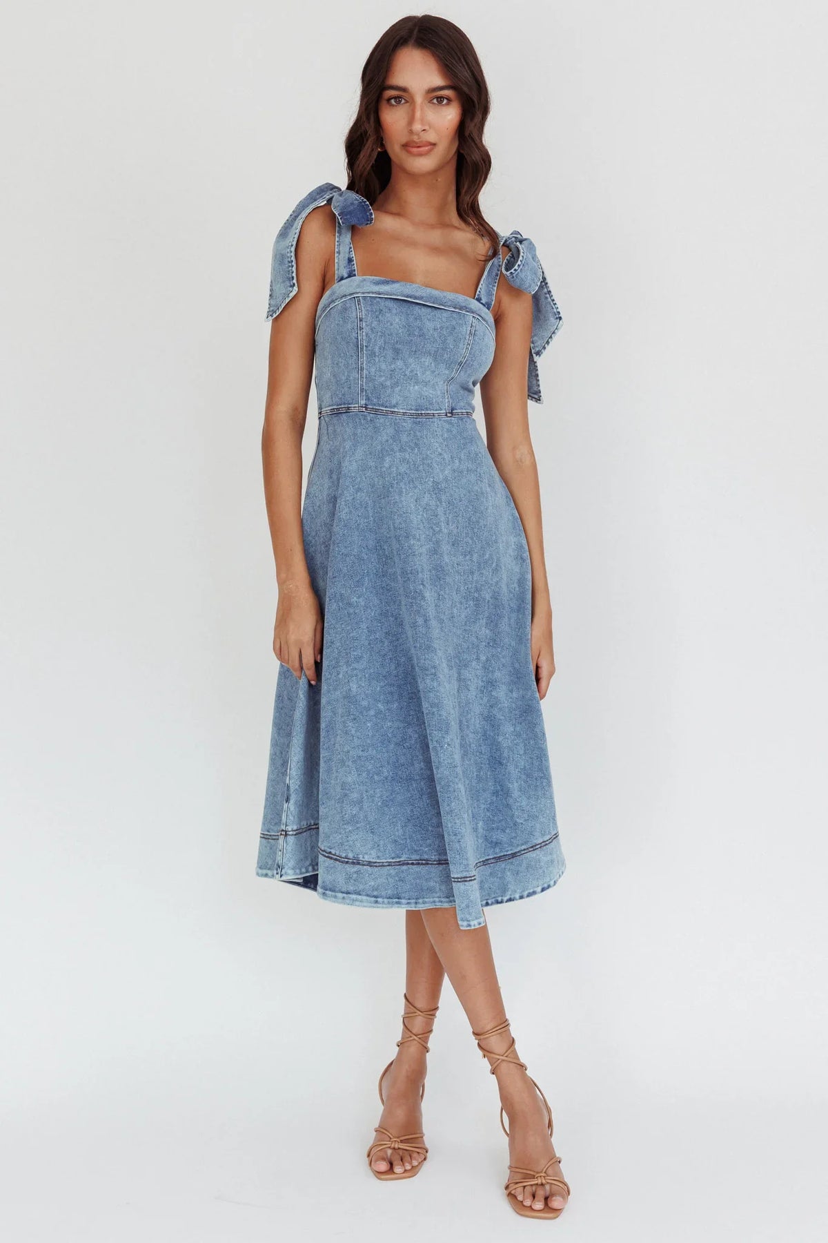 Jeanie Bow Shoulder Midi Dress Wash Denim Blue