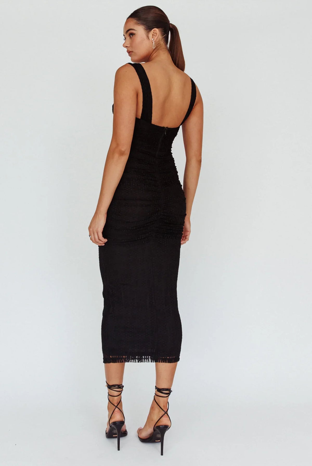 Oliana Embroidered Mesh Midi Dress Black