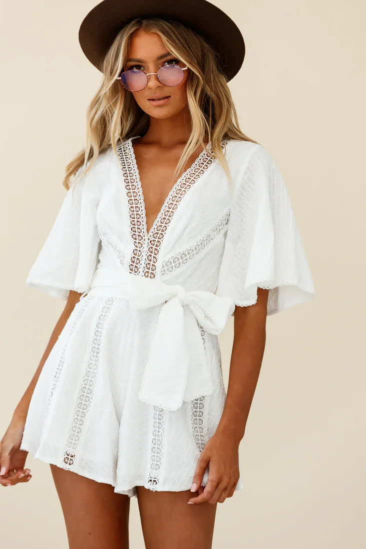 Revival Bell Sleeve Crochet Insert Romper White