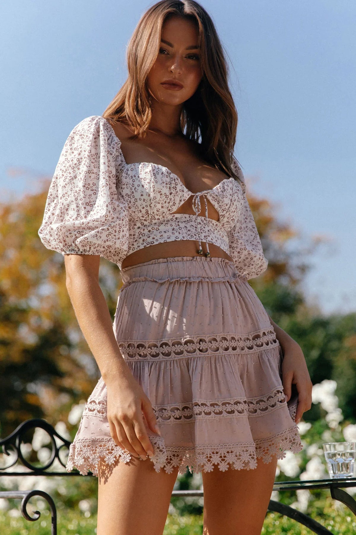 Sweet Romance Sweetheart Neckline Crop Top Floral Print White