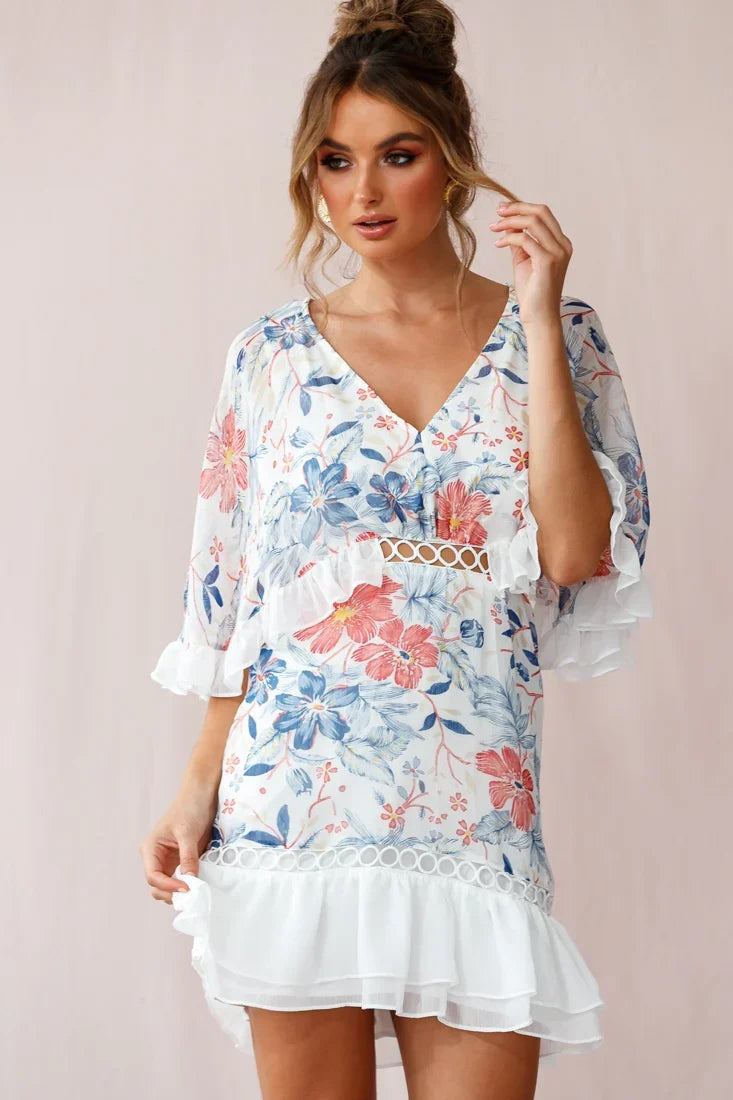 Caspar Batwing Floral Dress White
