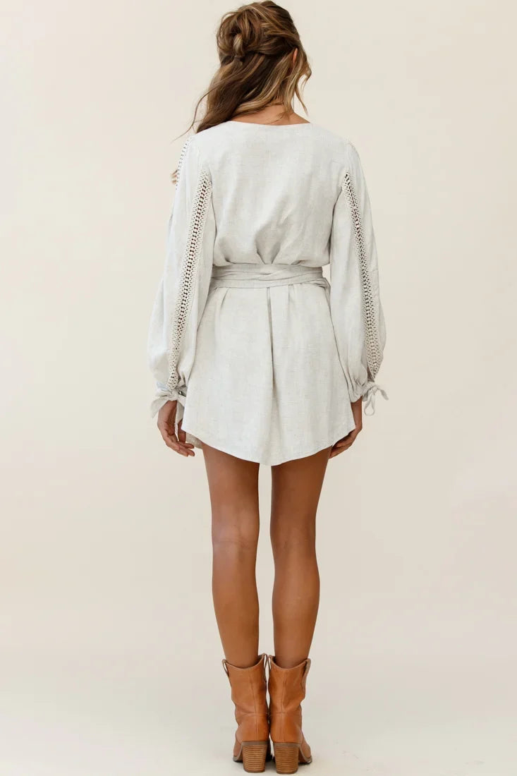 Ruthie Balloon Sleeve Crochet Insert Dress Natural