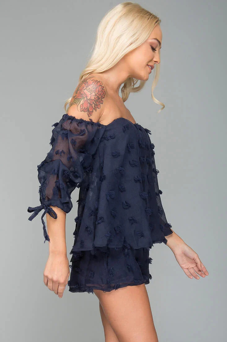 Stefani Heart Shaped Off the Shoulder Romper Navy
