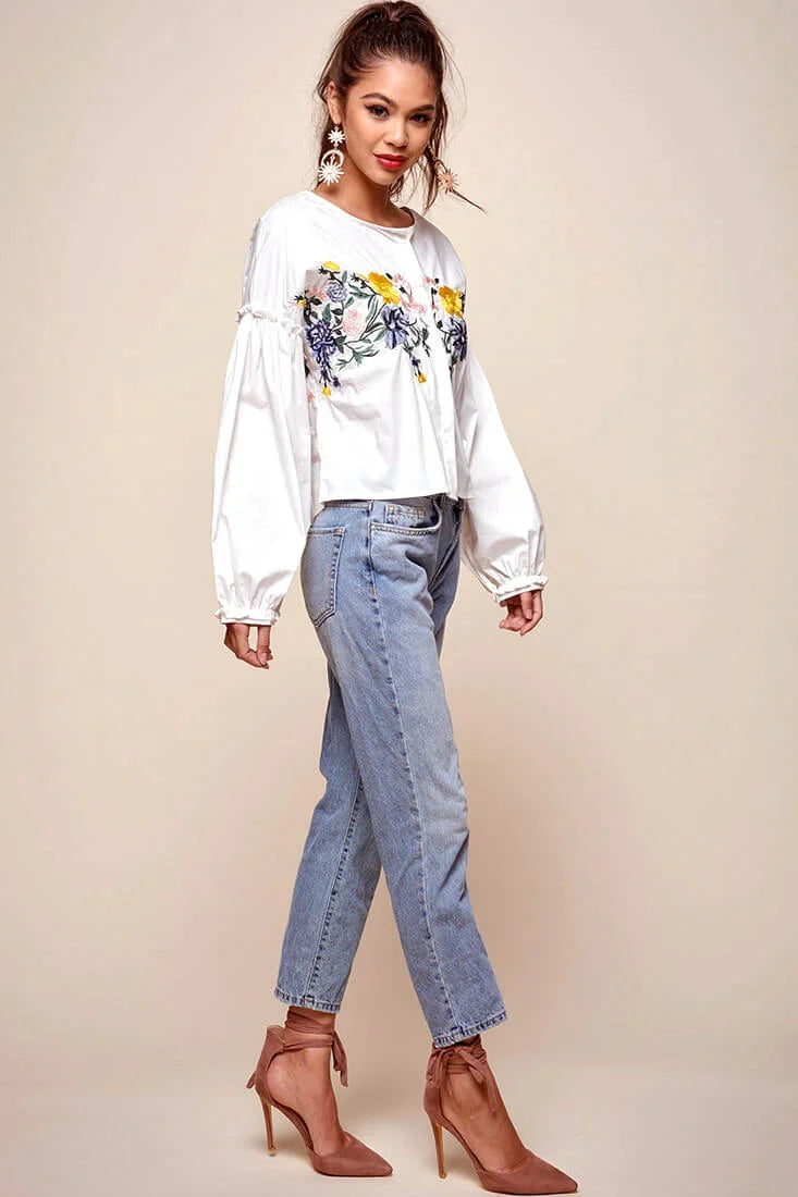 Olivia Floral Embroidered Cinched Wrist Shirt White