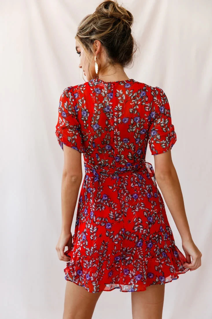 Edie V-Neck Chiffon Dress Red