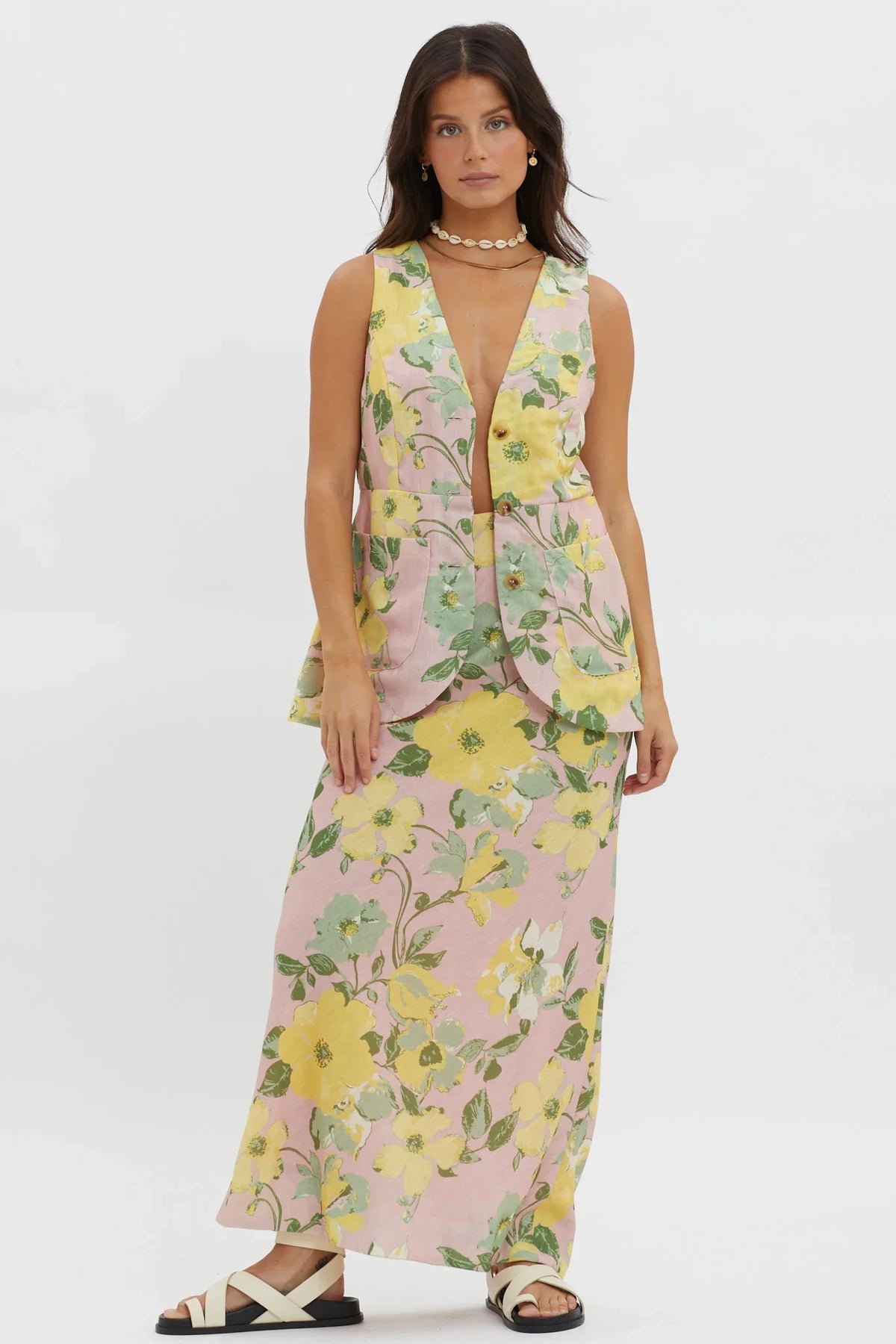 Philomena Button Vest Top Floral Blush