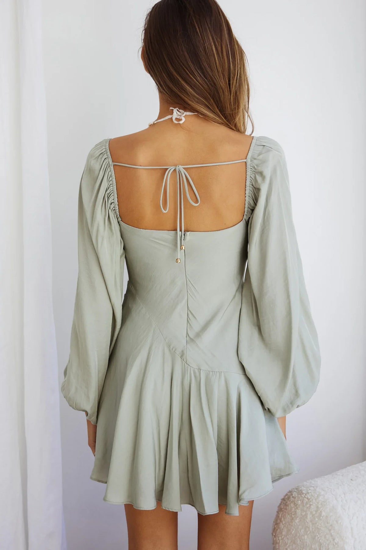 Beaujolais Long Sleeve Cowl Neckline Ruffle Satin Mini Dress Pistachio