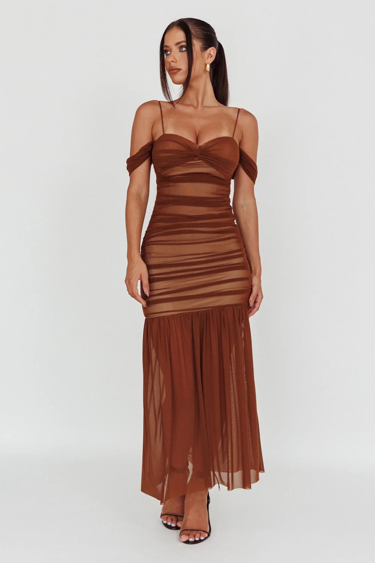 La Salle Ruched Mesh Maxi Dress Chocolate