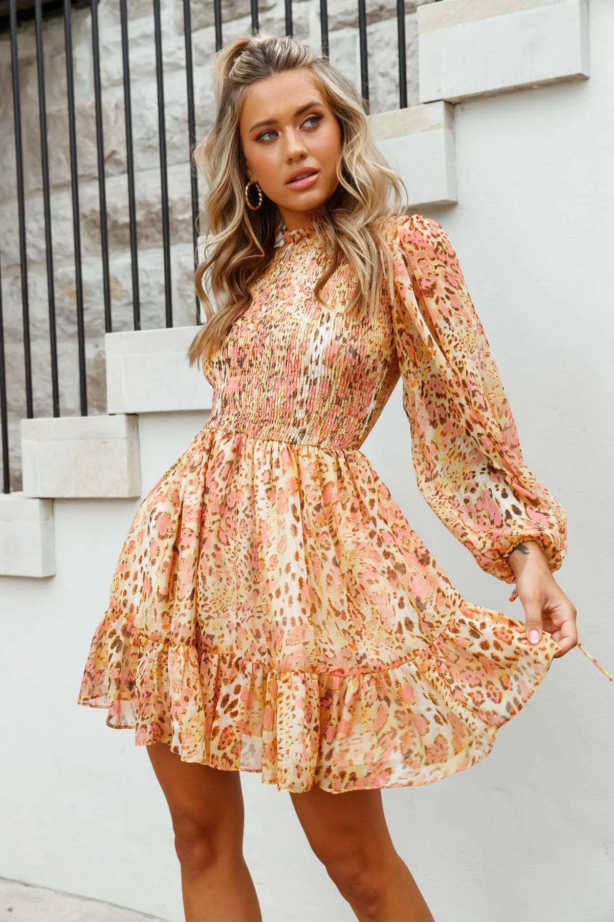 Marja Cami Strap Shirred Baby Doll Dress Leopard Print Pink