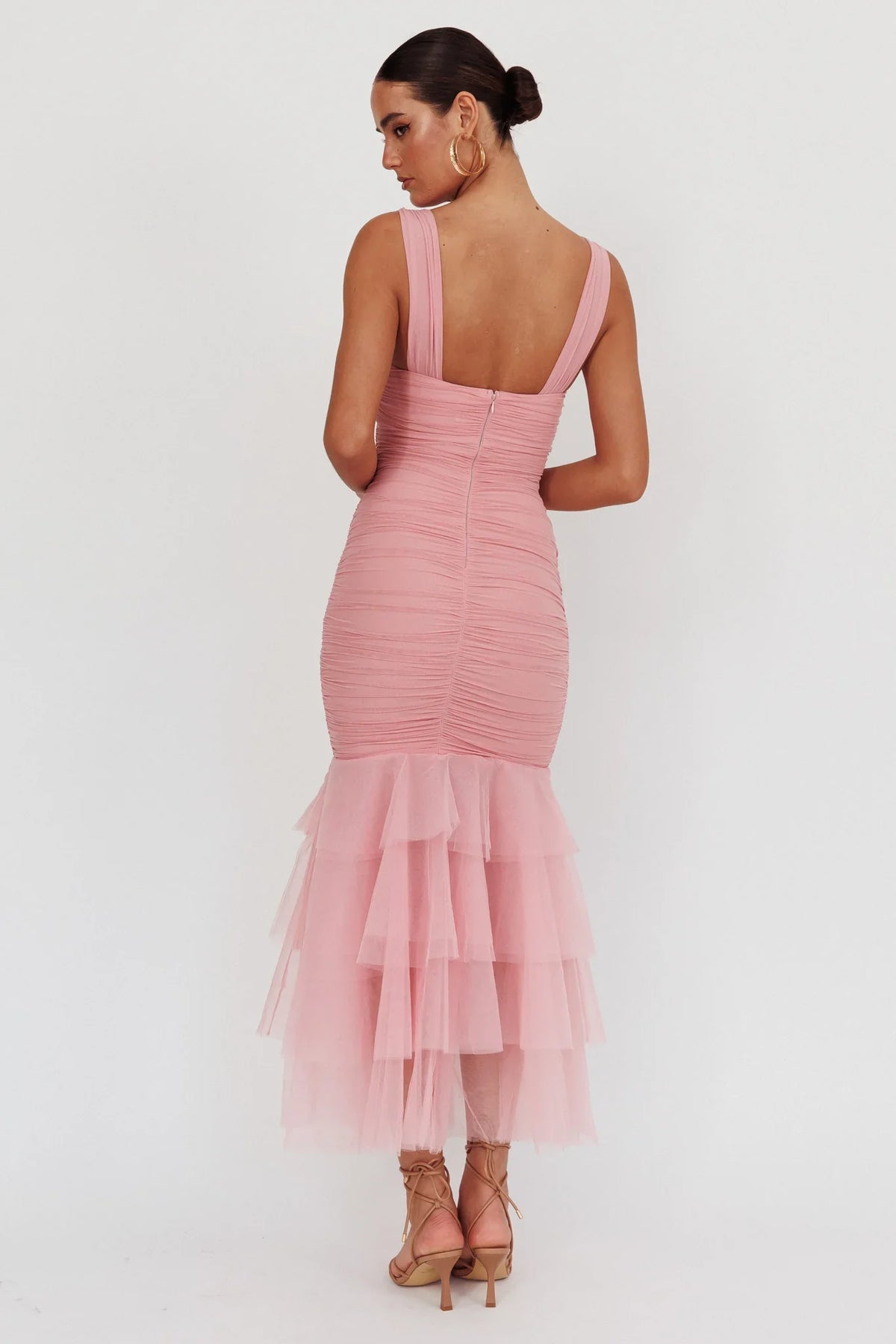 Nadia Tulle Hem Ruched Maxi Dress Pink