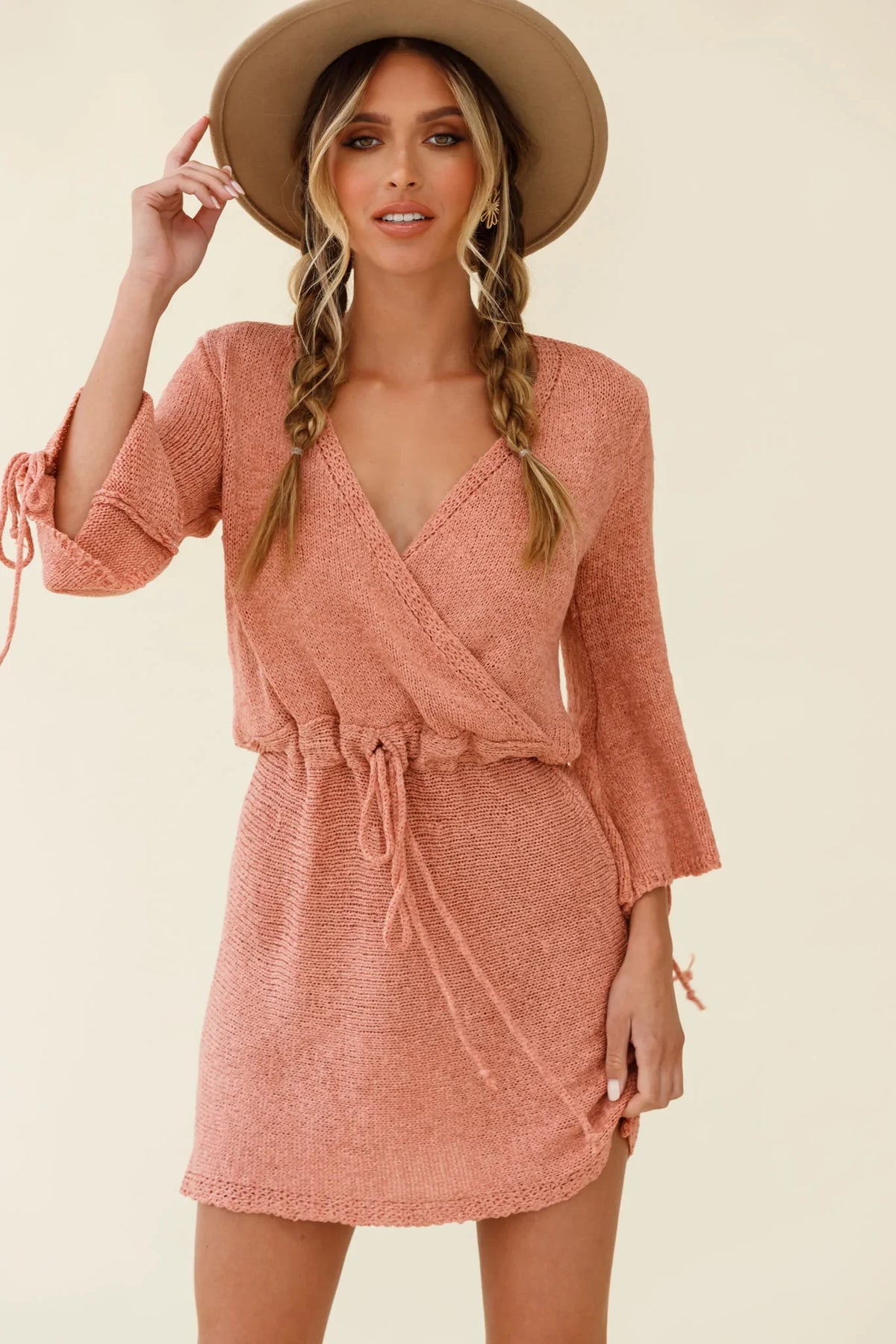 Cairo Flared Sleeve Knitted Dress Rose