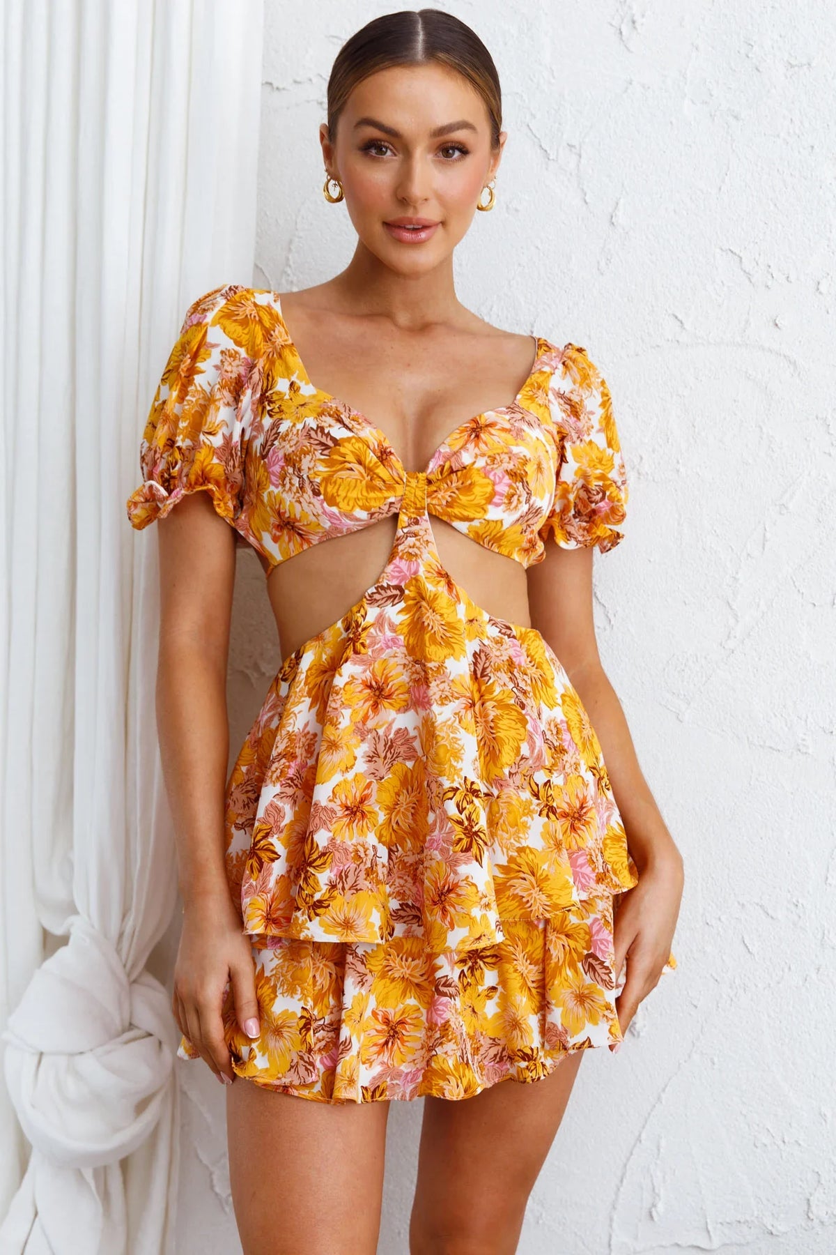 Orianthi Cut-Out Waist Mini Dress Floral Yellow
