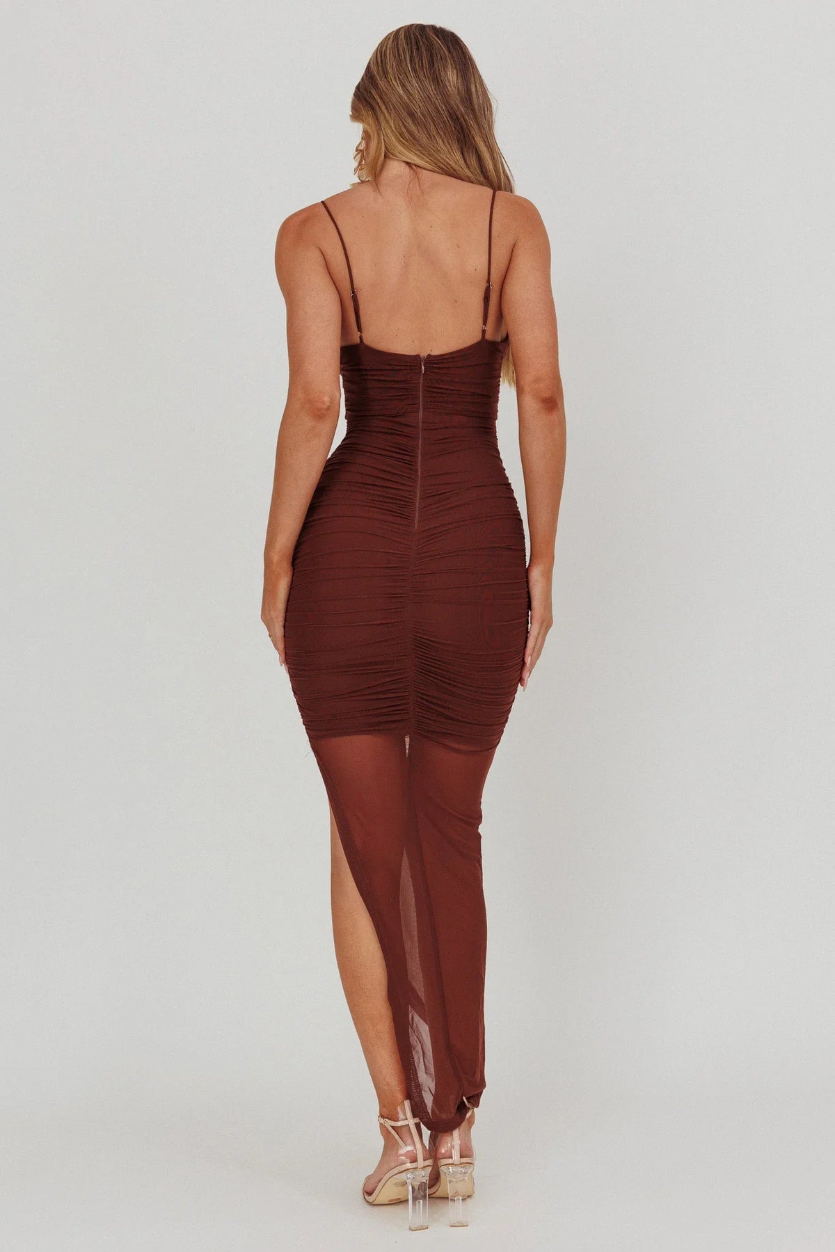 Good Vibes V-Bust Sheer Split Midi Dress Chocolate