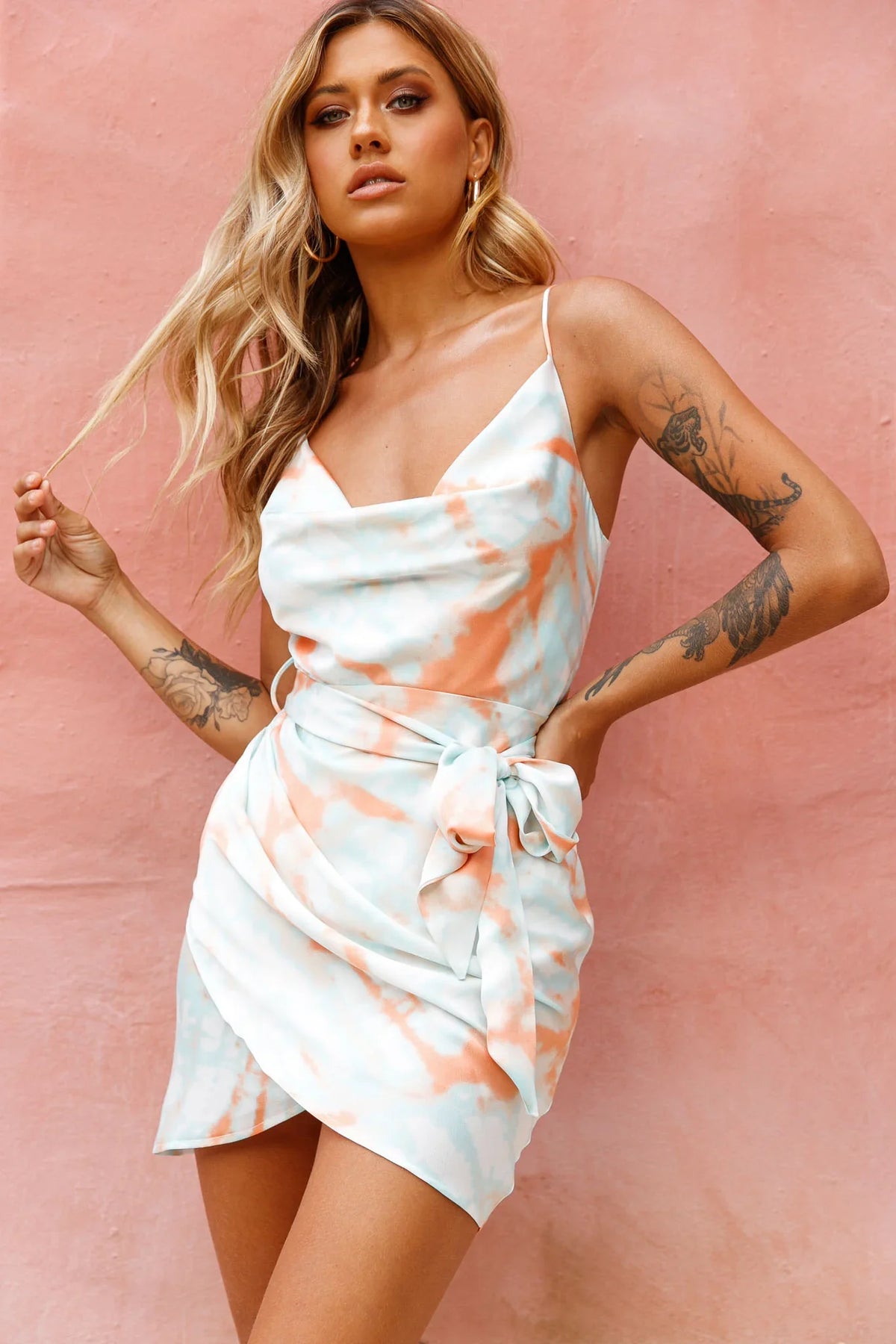 Bebe Satin Cowl Neck Wrap Dress Tie-Dye Orange