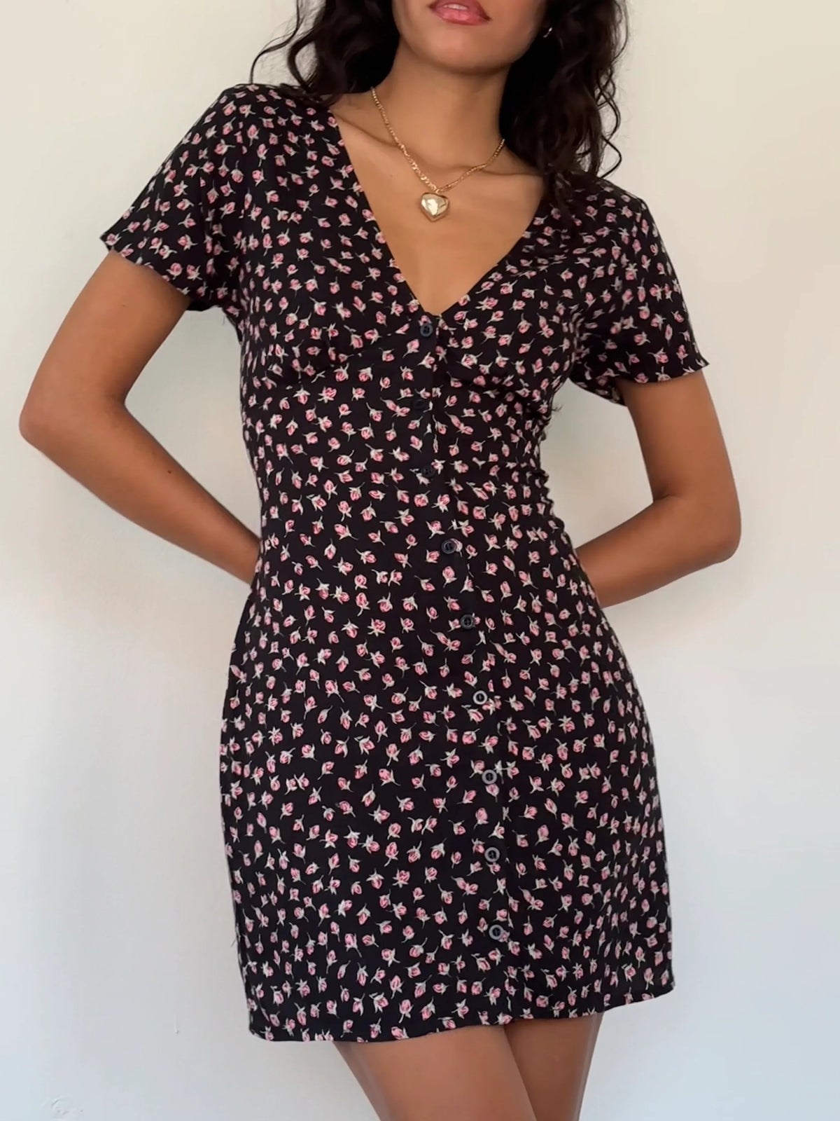 Field Trip Button Front Mini Dress Black Floral