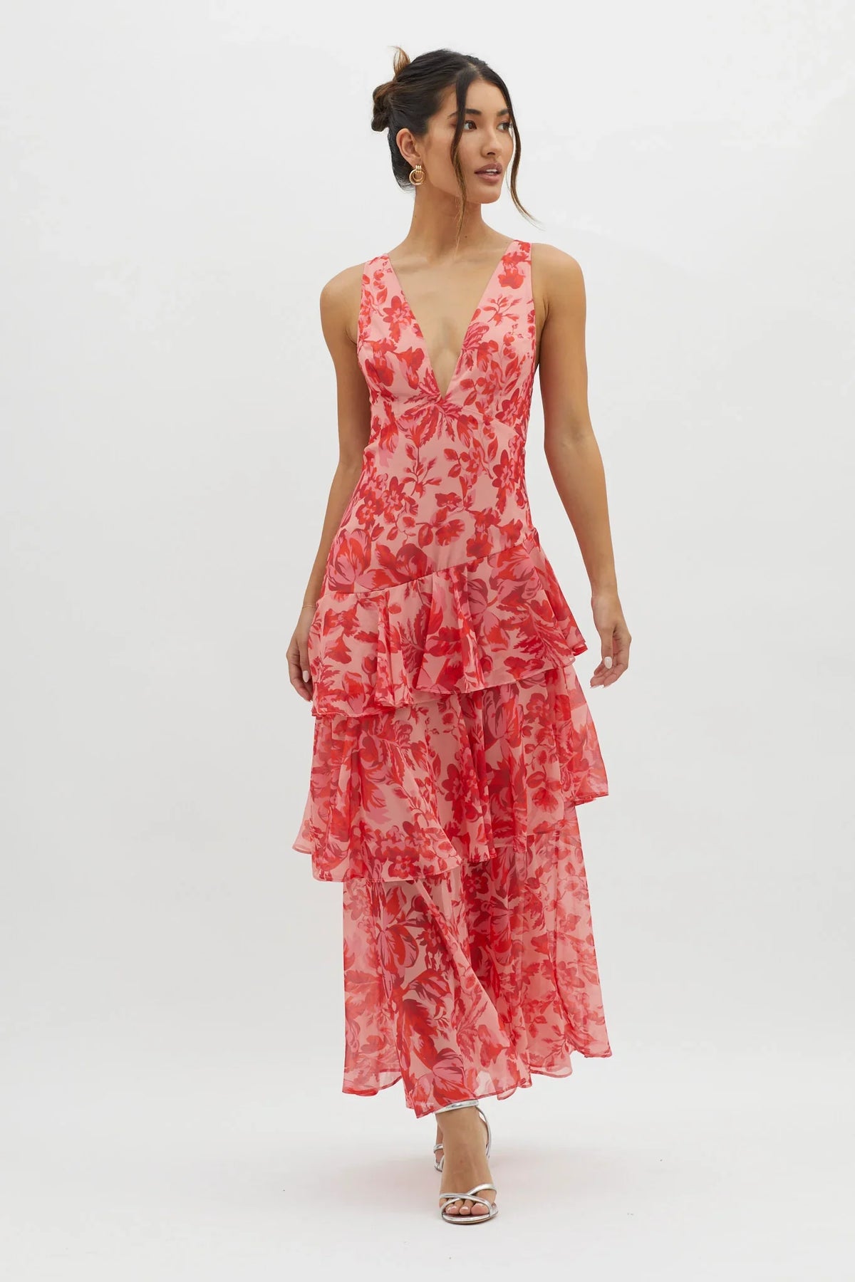 Veda Strappy Back Ruffle Midi Dress Floral Red