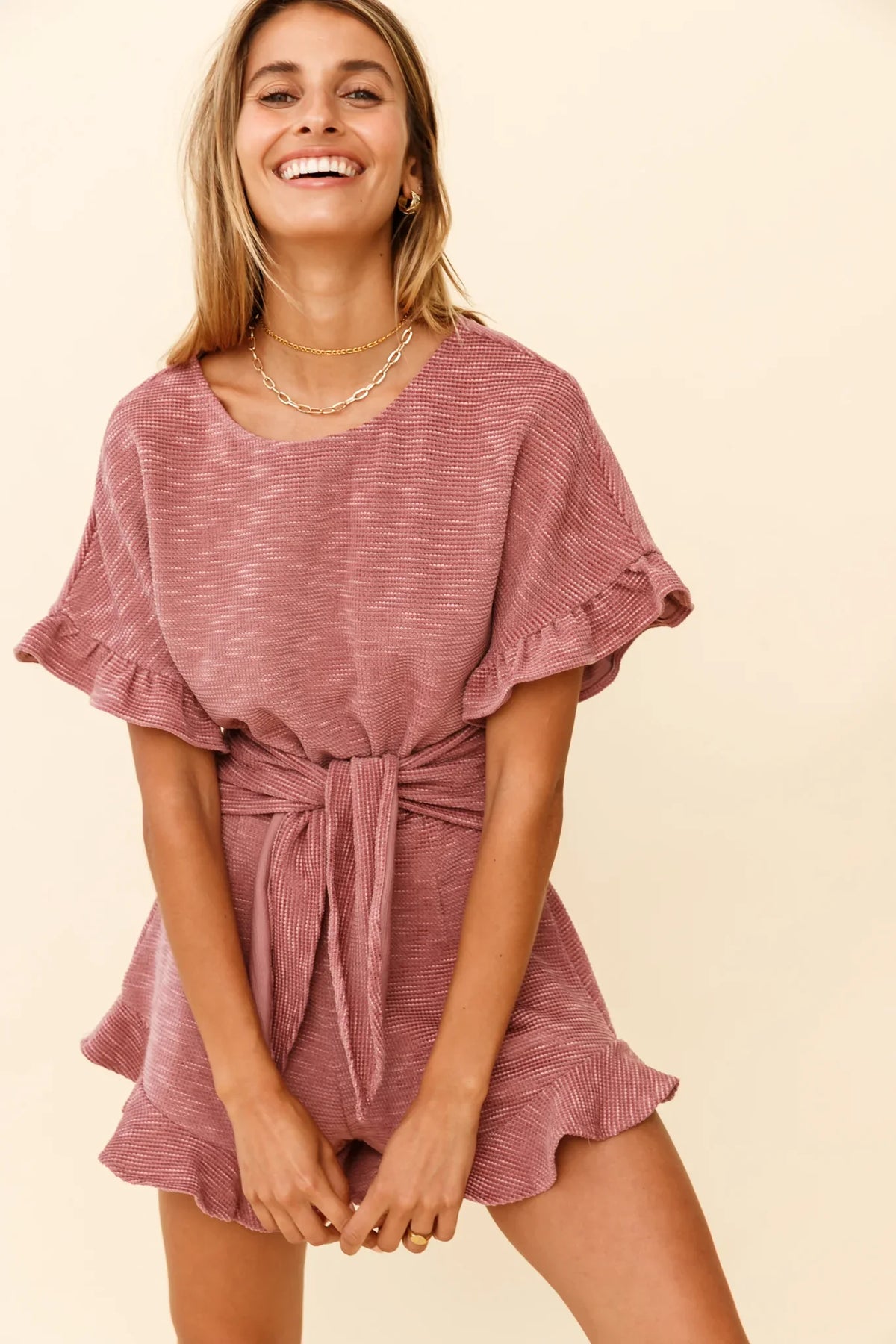 Feelin' Blessed Waist-Tie Frill Trim Romper Mauve