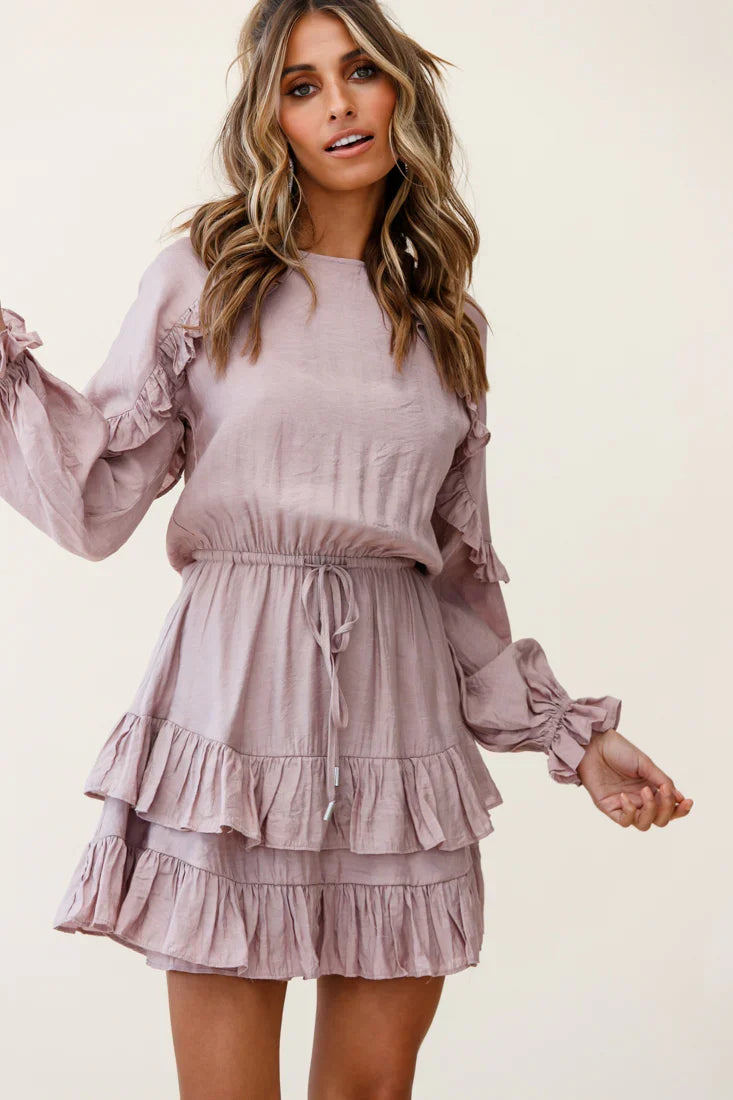 Best Wishes Long Sleeve Frill Detail Dress Mocha