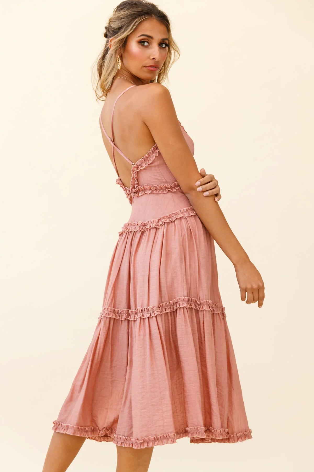 Laney Low Back Cami Strap Midi Dress Rose