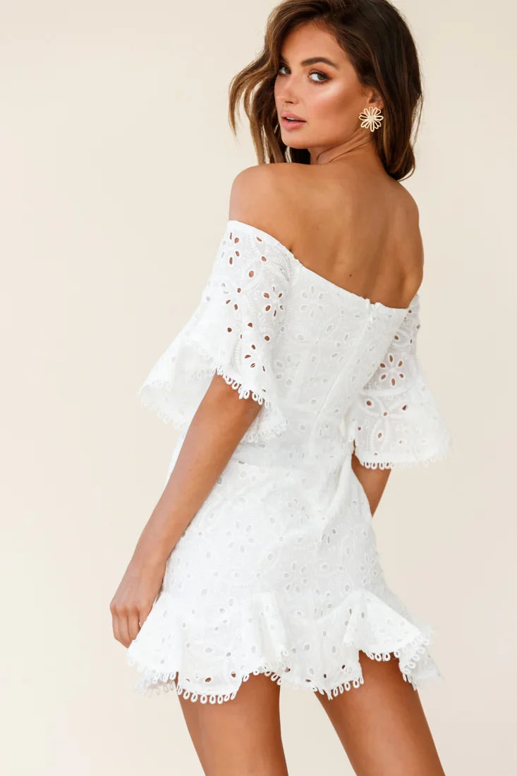 Elissa Off-Shoulder Broderie Anglaise Dress White