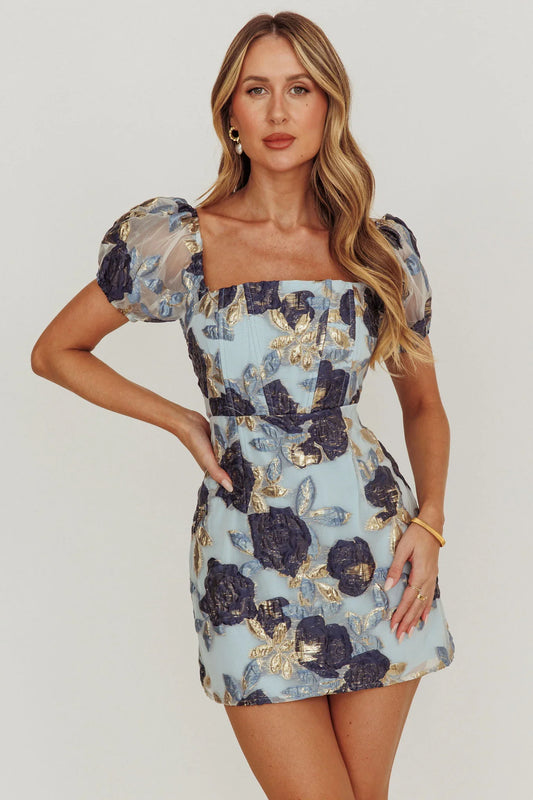 Love To Dream Puff Sleeves Mini Dress Blue