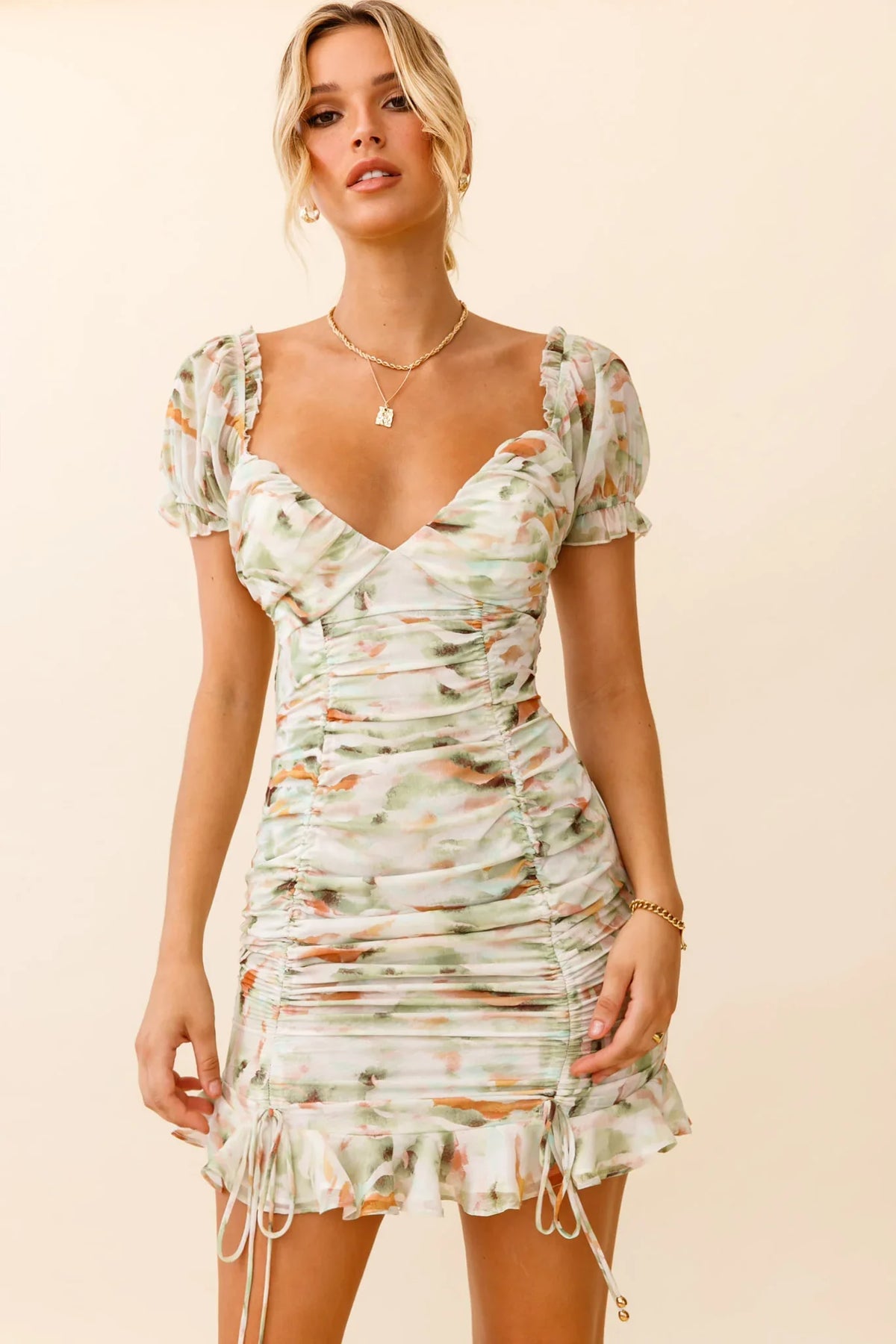 Serena Puff Sleeve Ruched Detail Dress Watercolor Print Green