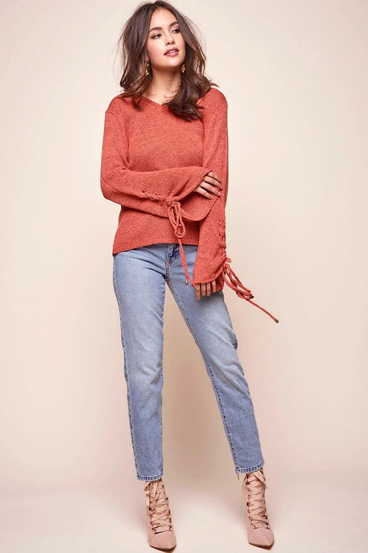 Cairo Knitted Long Tie Sleeved Top Rust