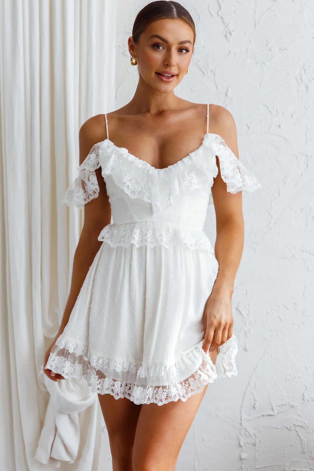 Good Morning Sunshine Off Shoulder Lace Frill Trim Mini Dress White