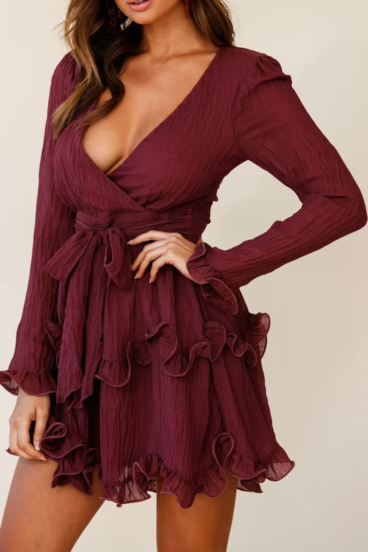 Greta Tiered Ruffle Chiffon Dress Wine