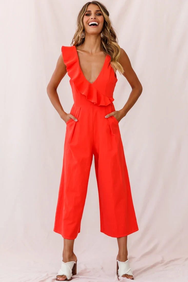 Cheryl Ruffle Strap Wide Leg Jumpsuit Tangerine