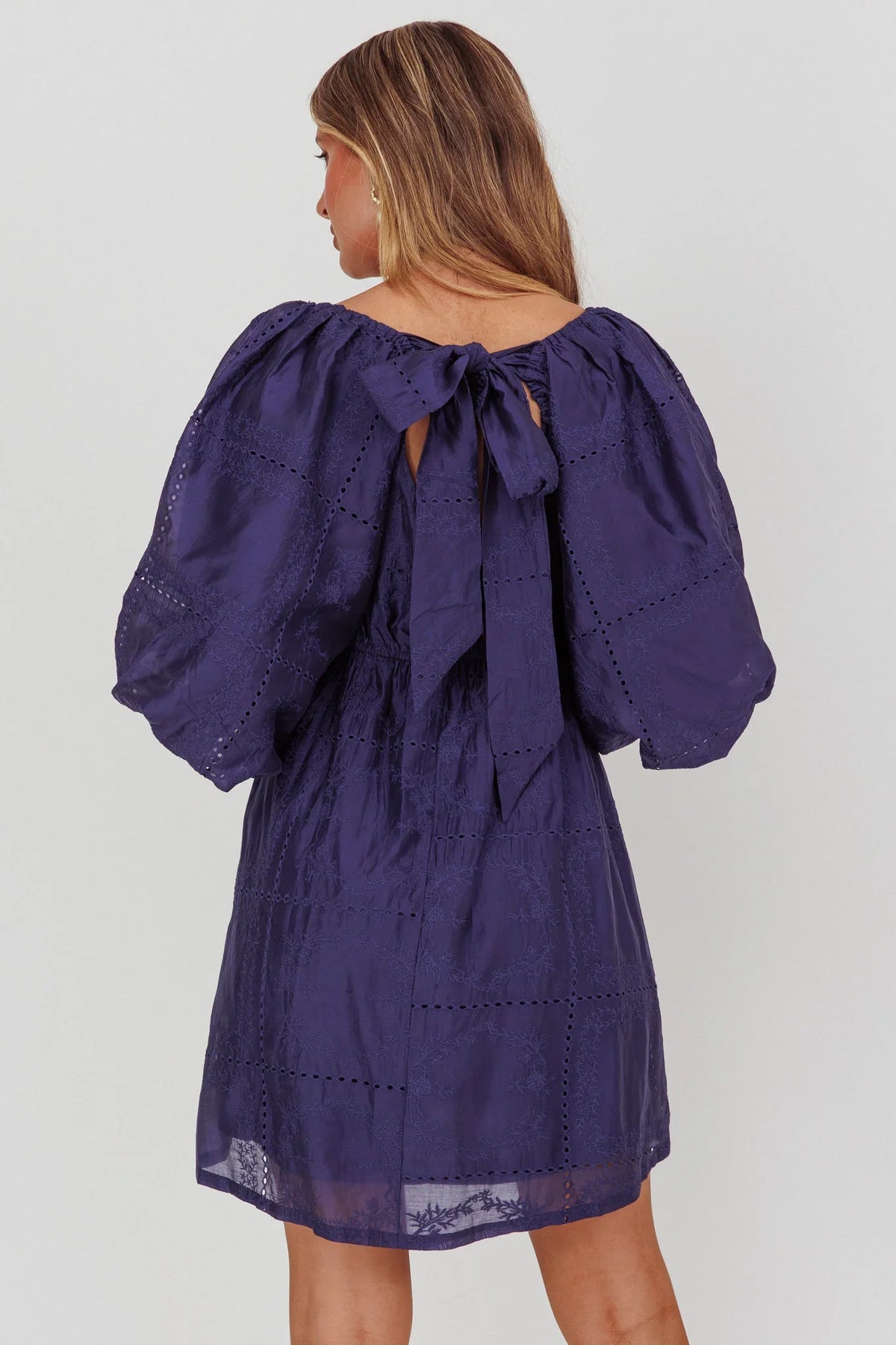 Summerlin Puff Sleeve Eyelet Mini Dress Navy