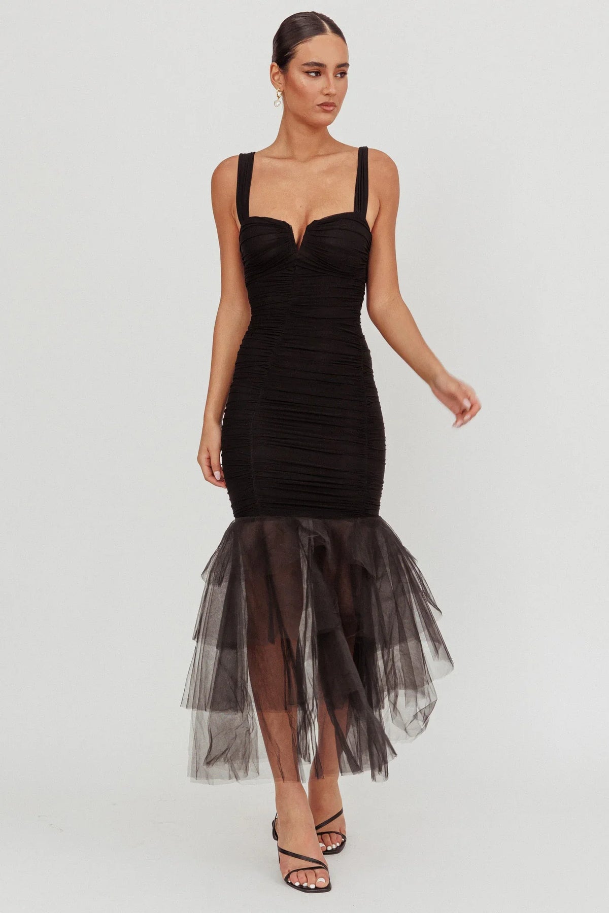 Nadia Tulle Hem Ruched Maxi Dress Black