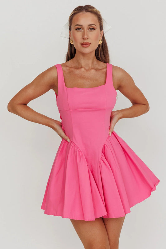 Verdant Square Neck Flared Mini Dress Fuchsia
