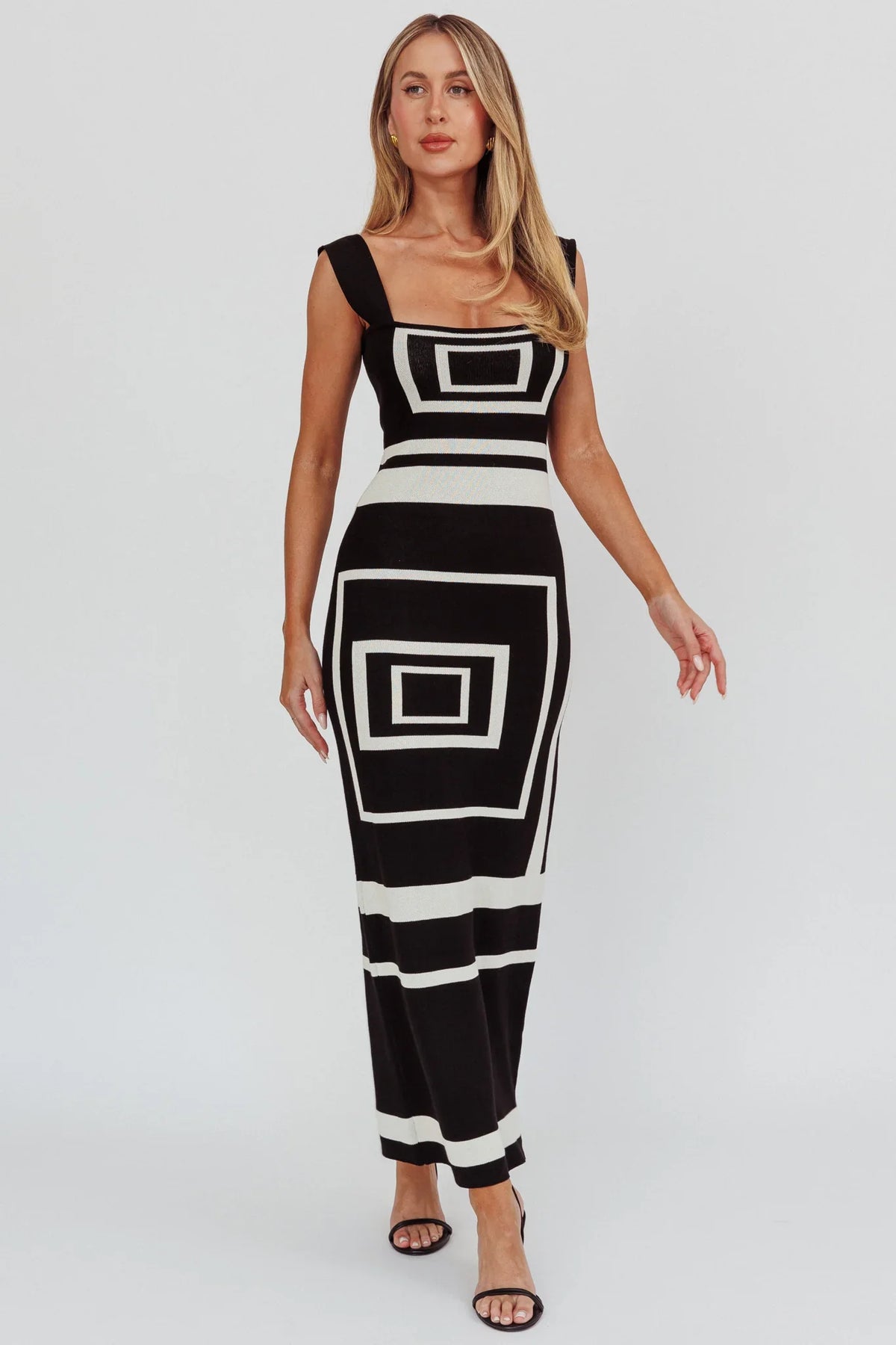 Stargazing Square Print Knit Maxi Dress Black