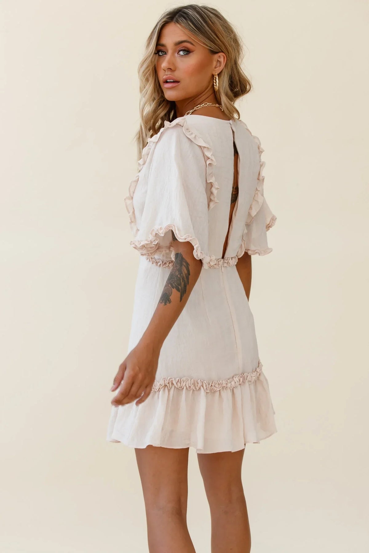 Halo V-Neckline Frill Detail Dress Nude