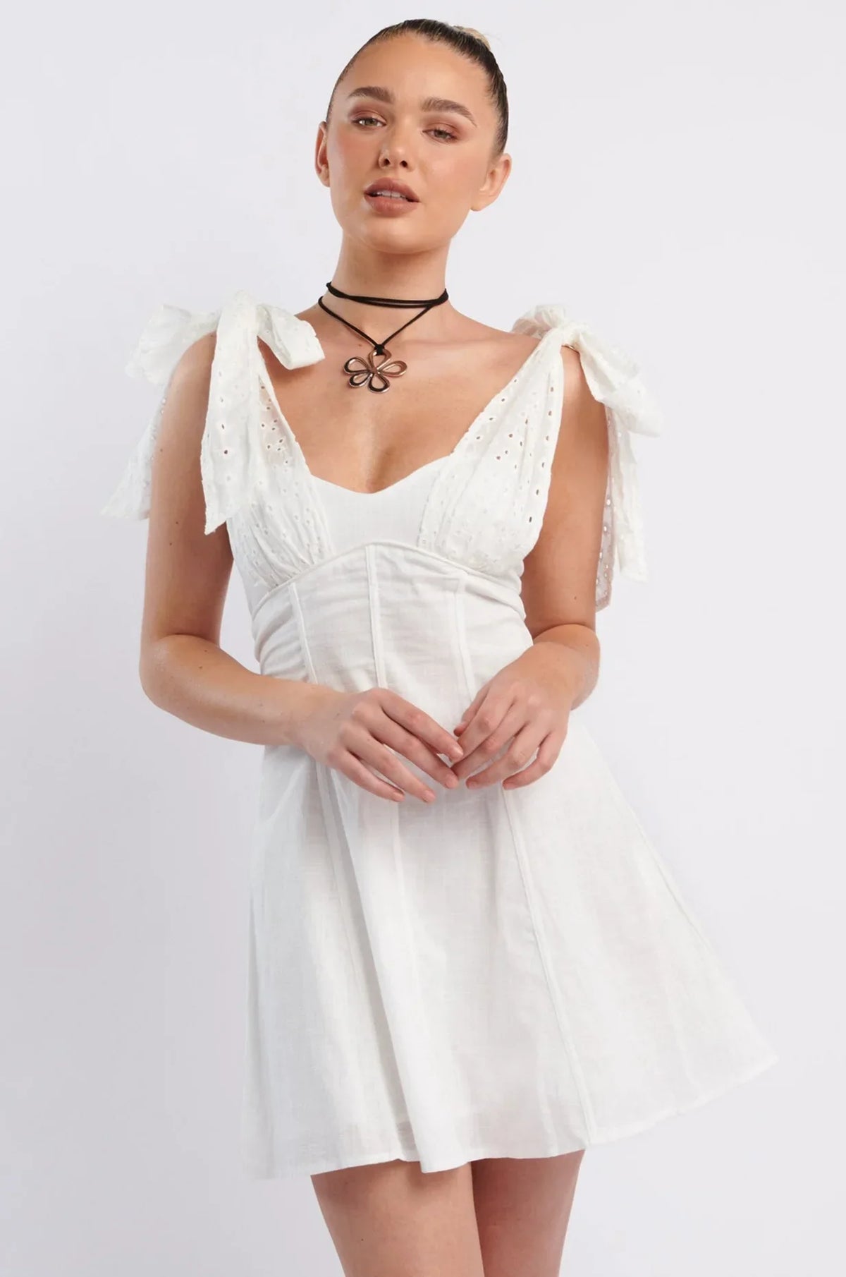 Kellie Bow Shoulder Mini Dress White