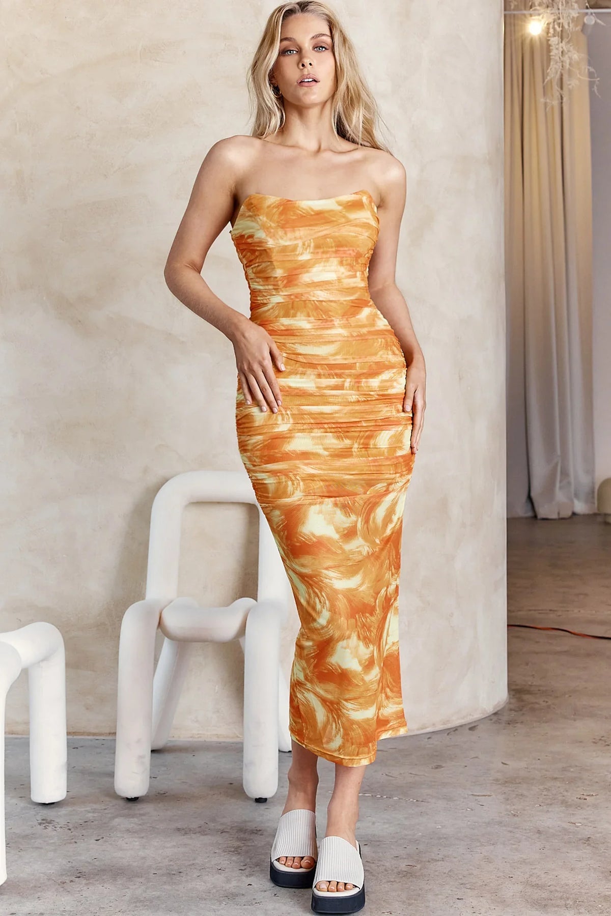 Logan Strapless Ruched Midi Dress Orange