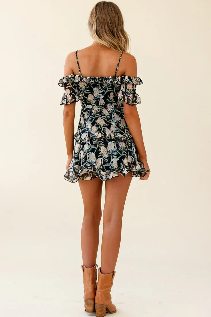 Maranda Bardot Lace-Up Bust Dress Banksia Print Navy