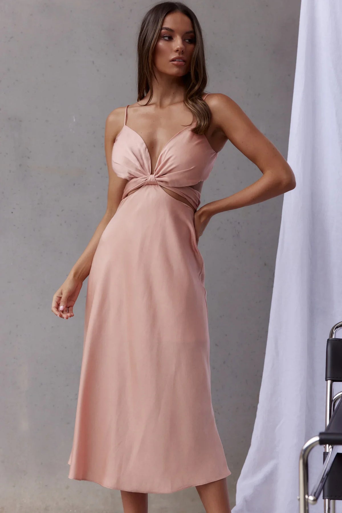 Dance With Me Crossover Bust Midi Dress Peach