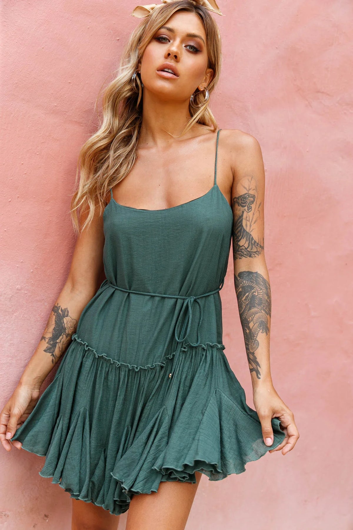 Rosabel Spaghetti Strap Fluted Hem Dress Green