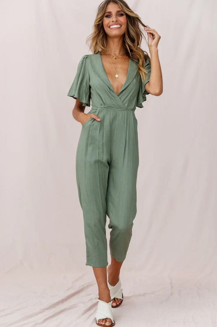 Dana Straight Leg Collared Neck Jumpsuit Olive