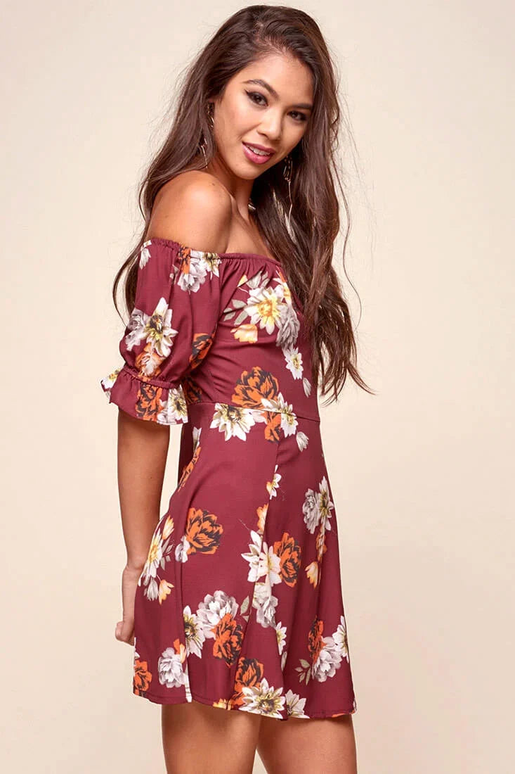 Hera Off the Shoulder Fit and Flare Floral Dress Red