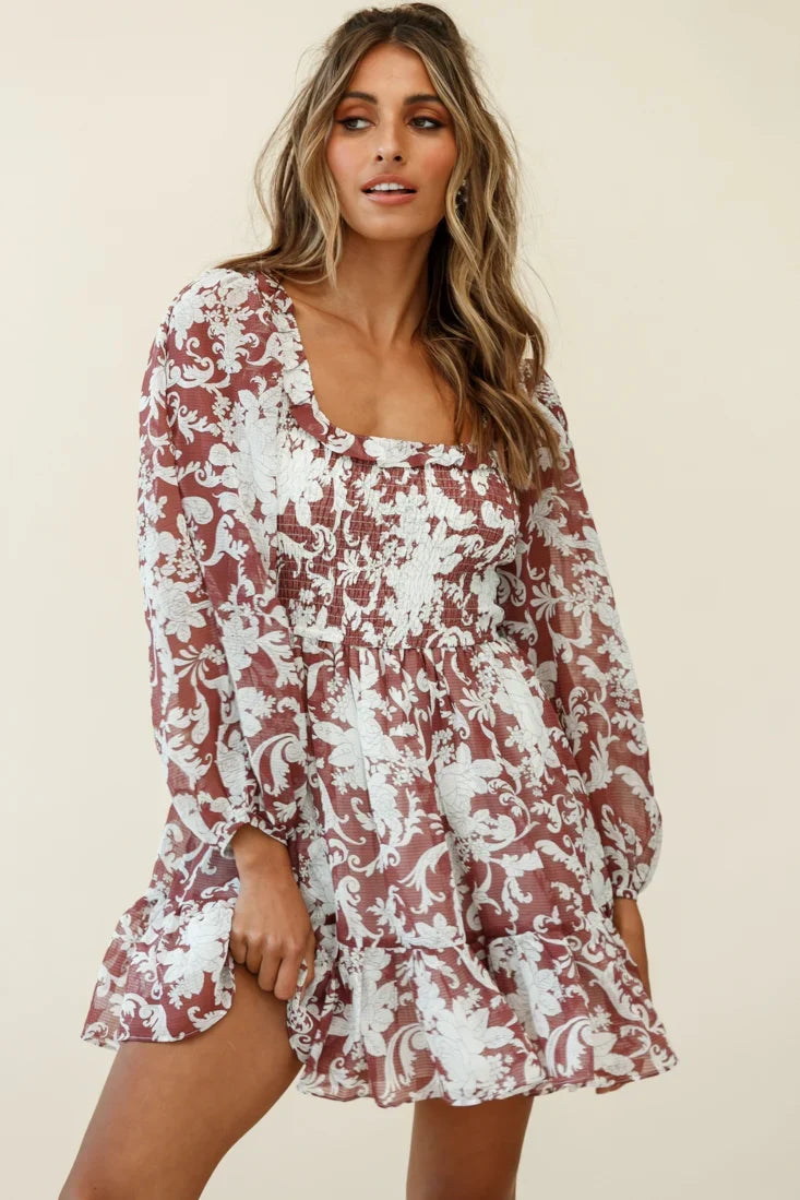 Athaliah Shirred Bust Balloon Sleeve Dress Ornate Print Maroon