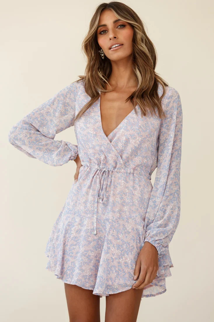 Marlene Long Sleeve Drawstring Waist Dress Floral Print Pink